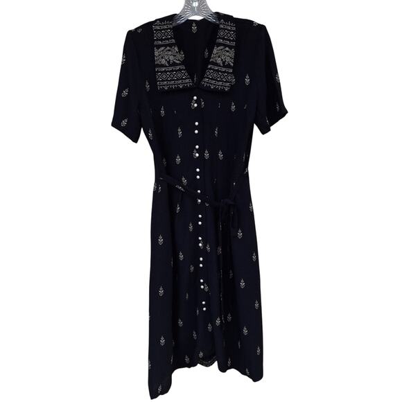 Vintage Retro Handmade Goth Black Collared Dress Full Button Front M Jacquard - Picture 1 of 13